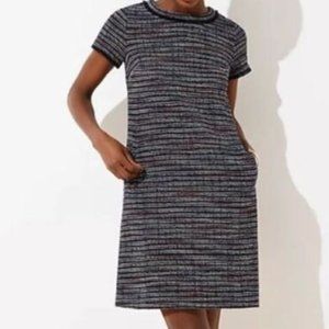 LOFT Navy Blue Tweed Boucle Stripe Dress with Pockets Size 0